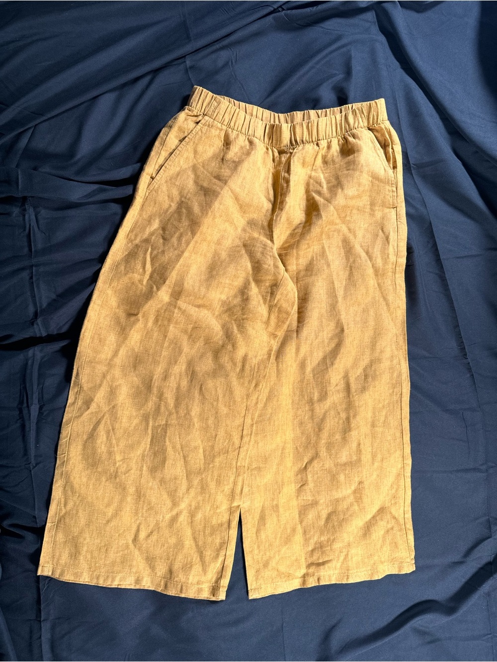 Eileen Fisher Delave Lantern Pants Mustard Cropped Wide-Leg Linen XS Elegant